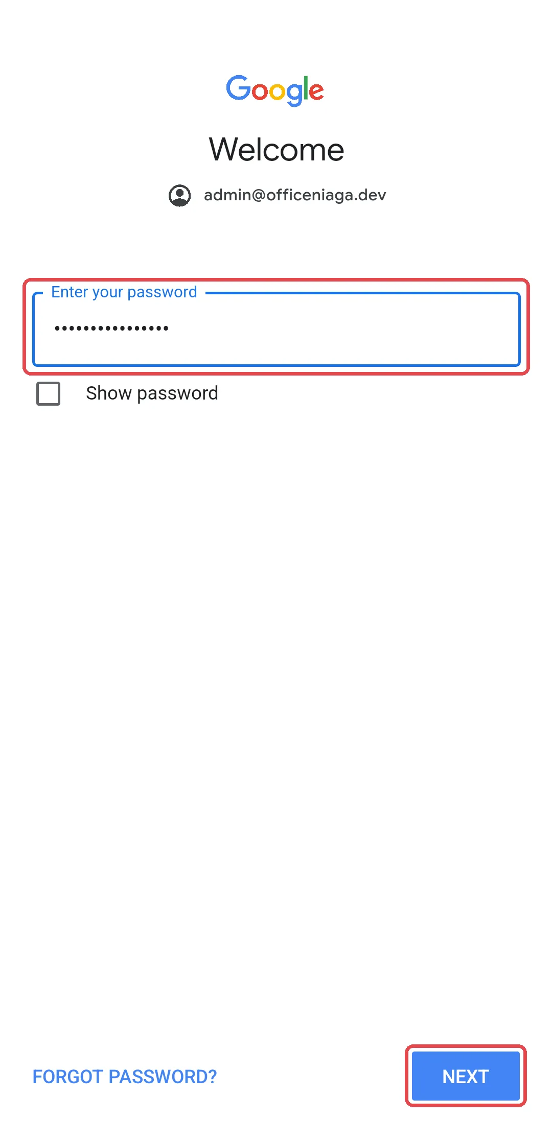 已输入密码的Google Welcome页面和NEXT按钮