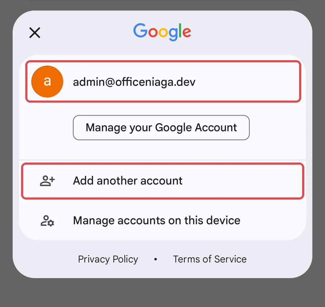 Gmail App账号菜单，显示已登录的工作账号和Add another account