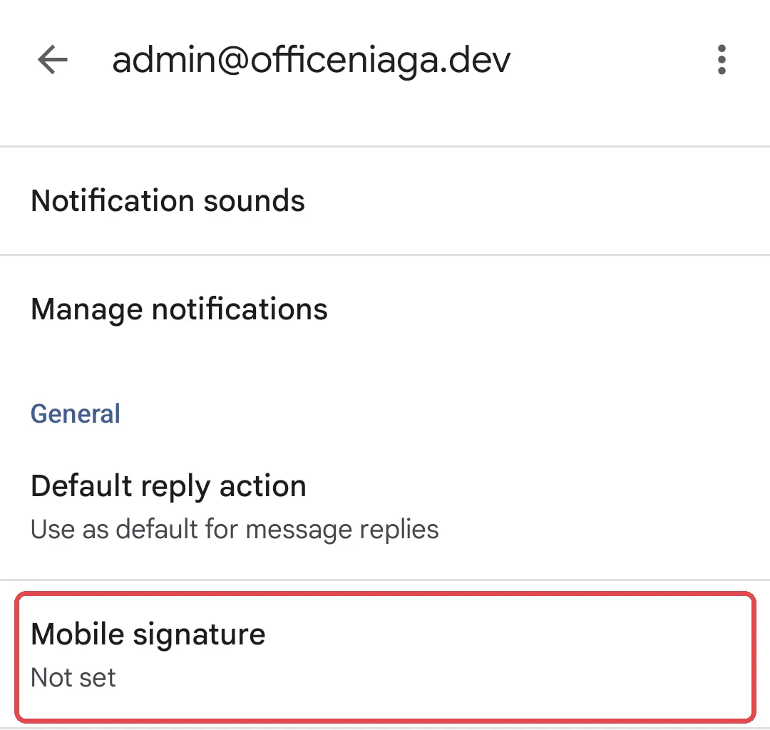 Gmail App里工作账号的设置，显示Mobile signature