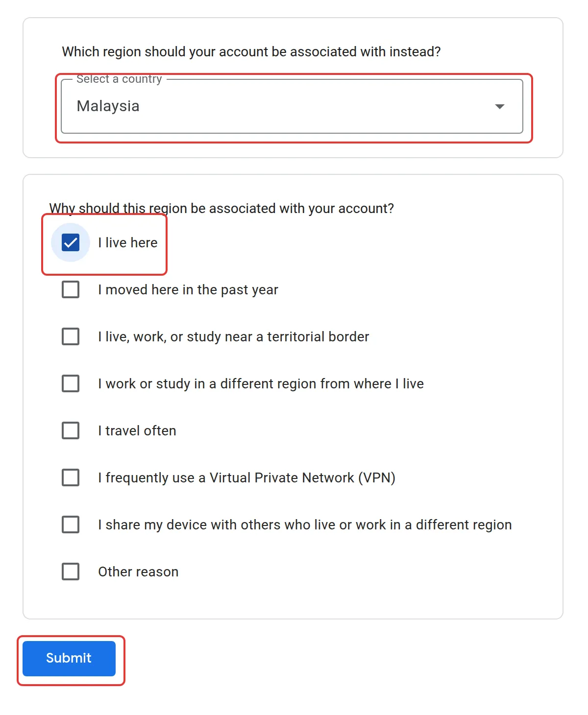 Region form with Malaysia selected, I live here ticked and the Submit button