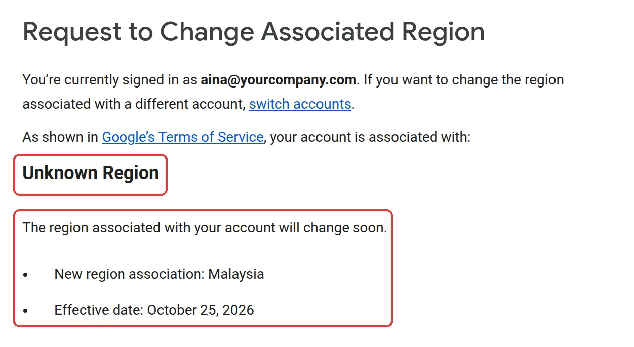 Region page that still shows Unknown Region, with the new region Malaysia and the effective date below it