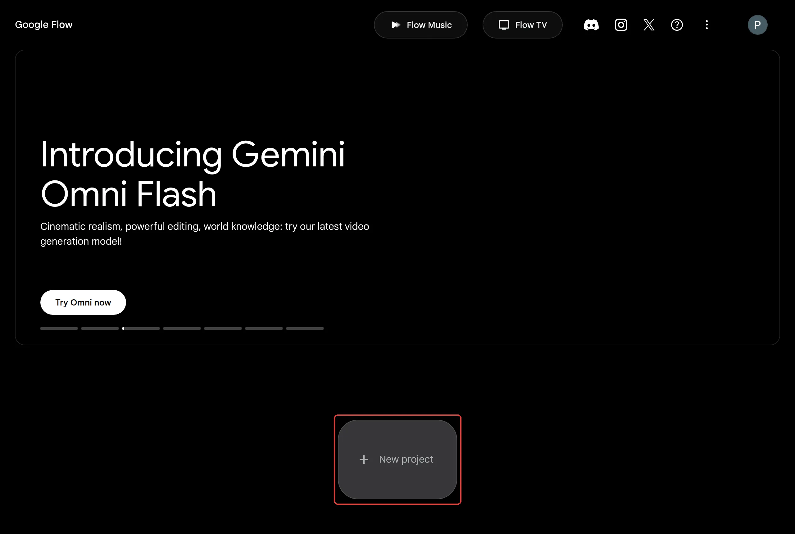 Google Flow home page with the New project button