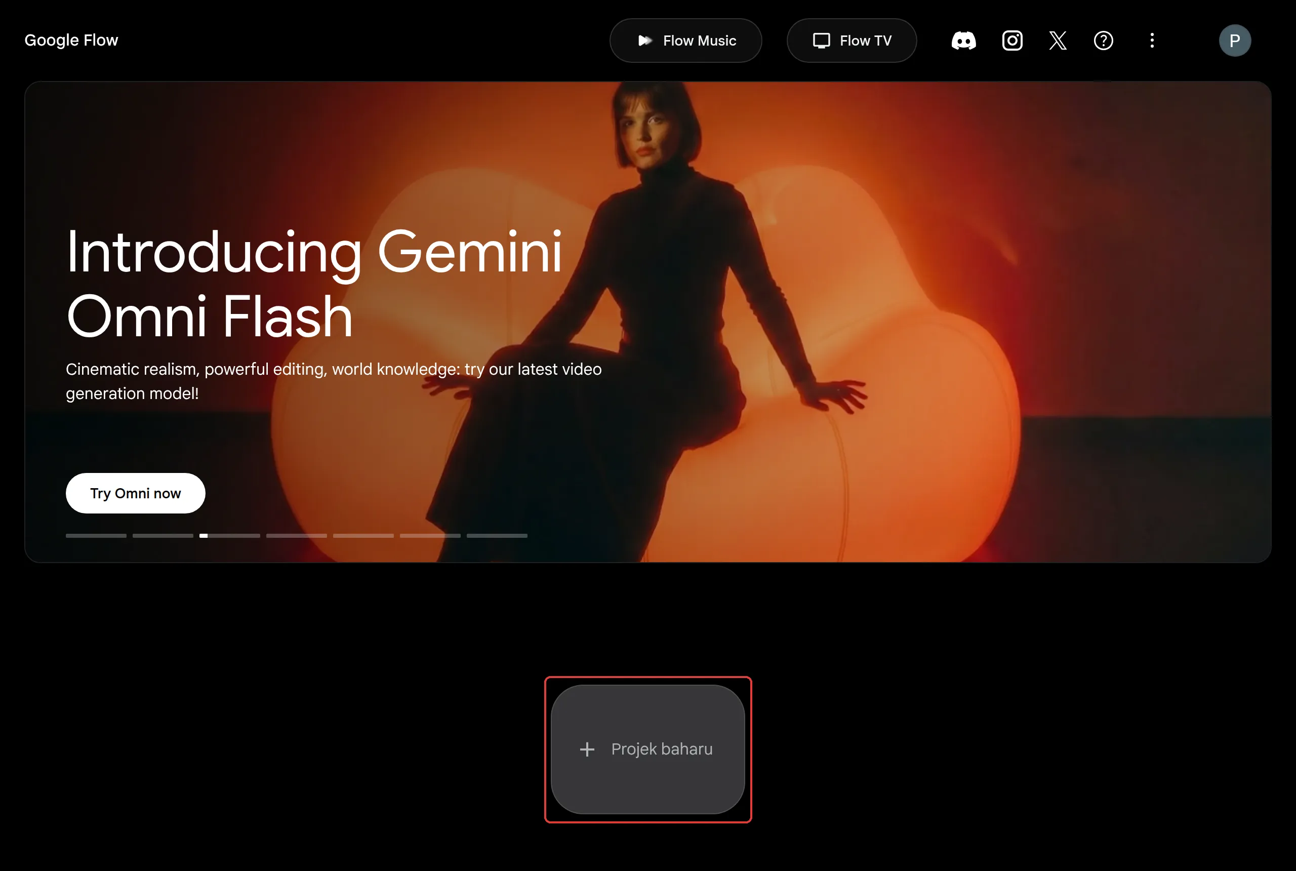 Page utama Google Flow dengan butang Projek baharu