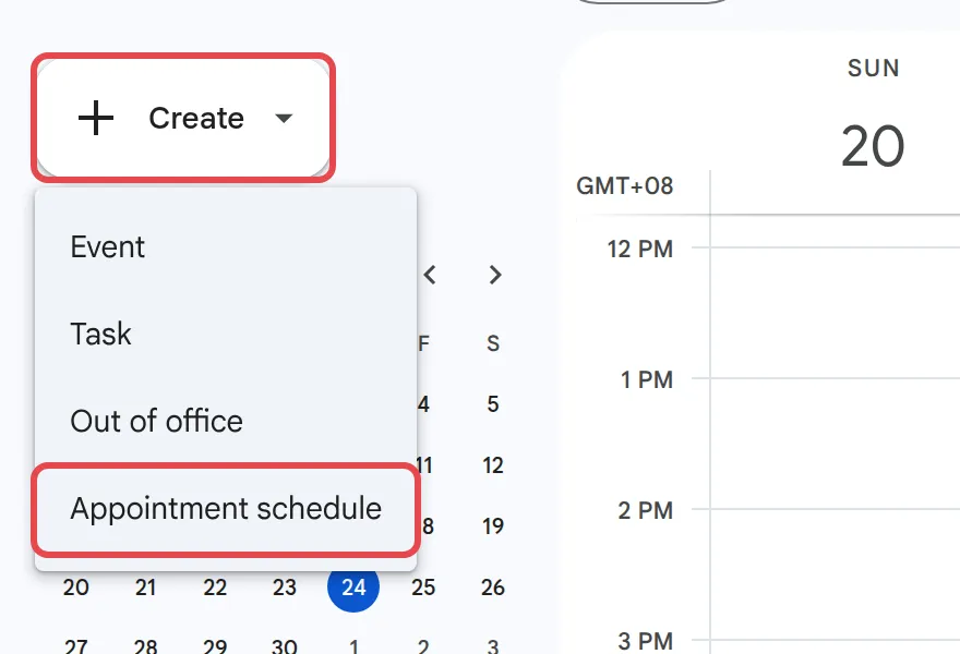 Create menu in Google Calendar with Appointment schedule highlighted
