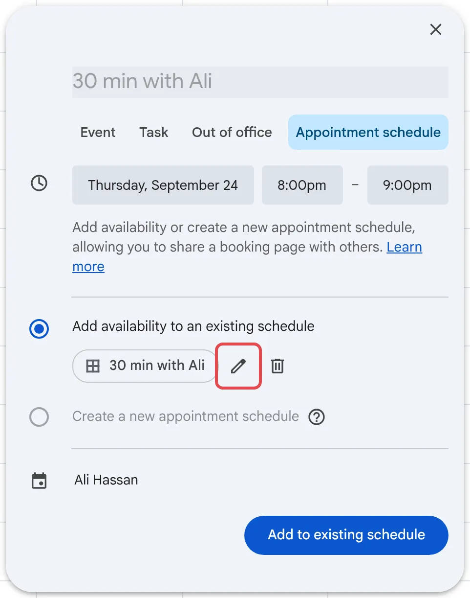 Appointment schedule box with the pencil icon next to the existing schedule