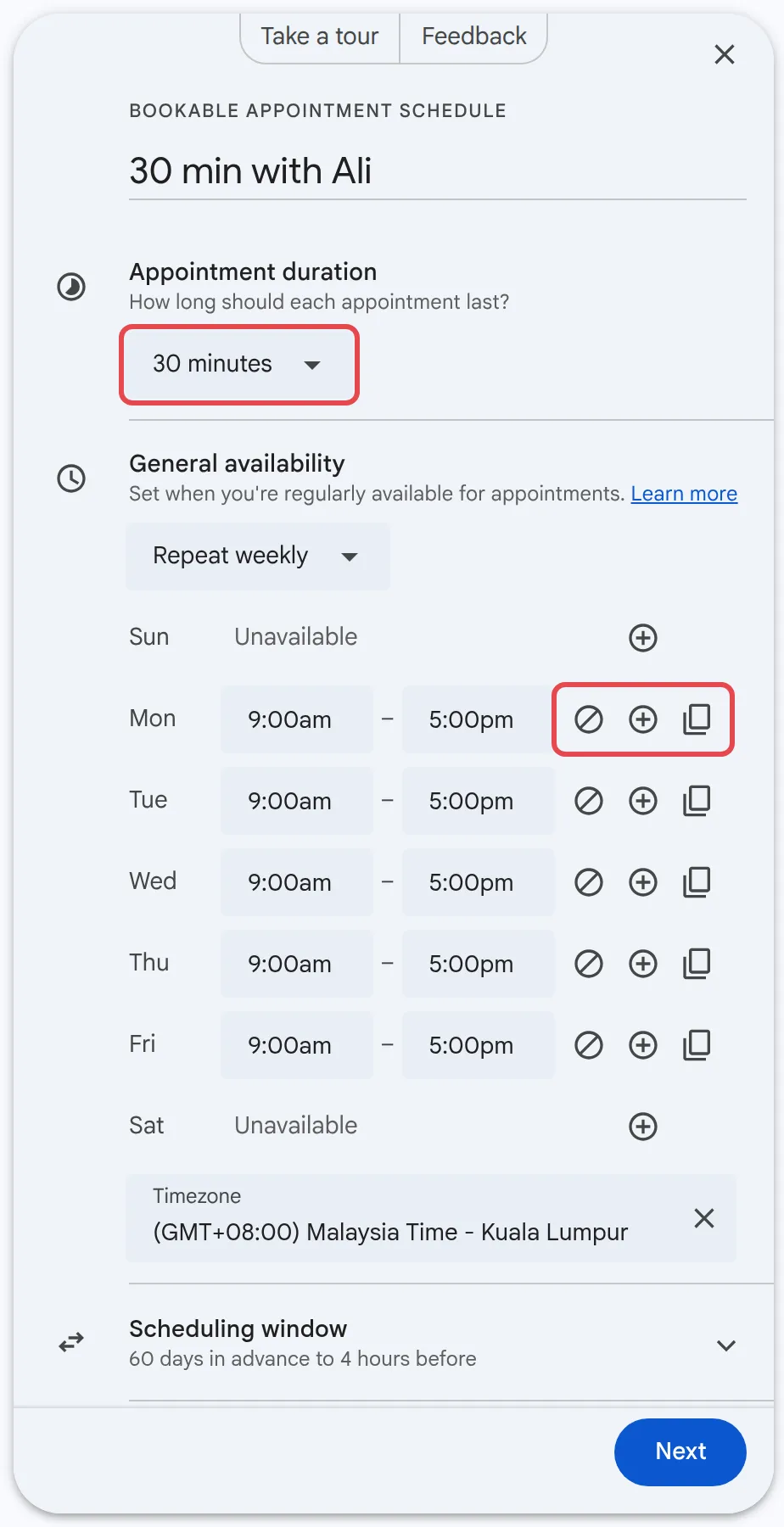 Appointment duration and General availability, with the Unavailable all day and Copy time to all icons