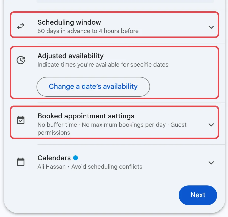 Scheduling window, Adjusted availability and Booked appointment settings