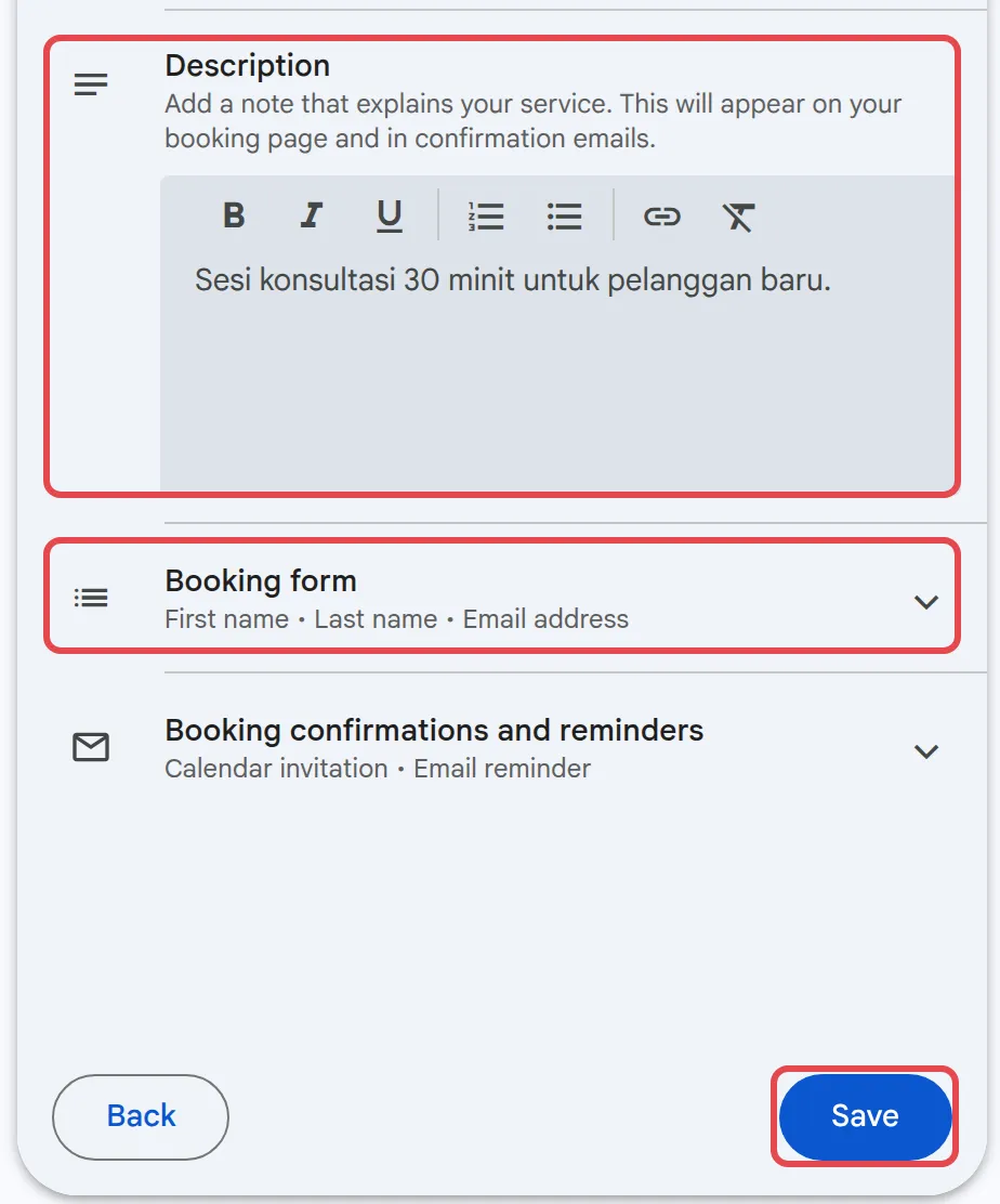 Description, Booking form and the Save button on the second screen