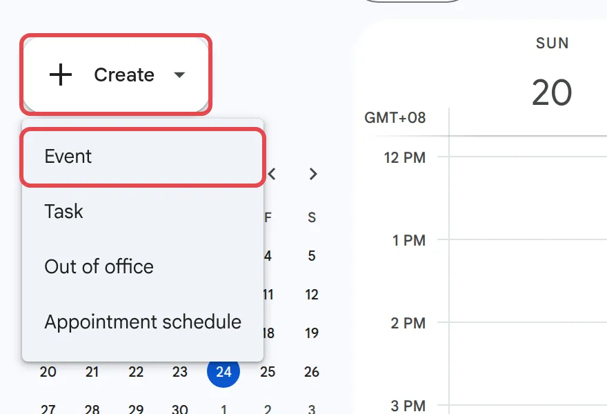 Create menu in Google Calendar with Event highlighted