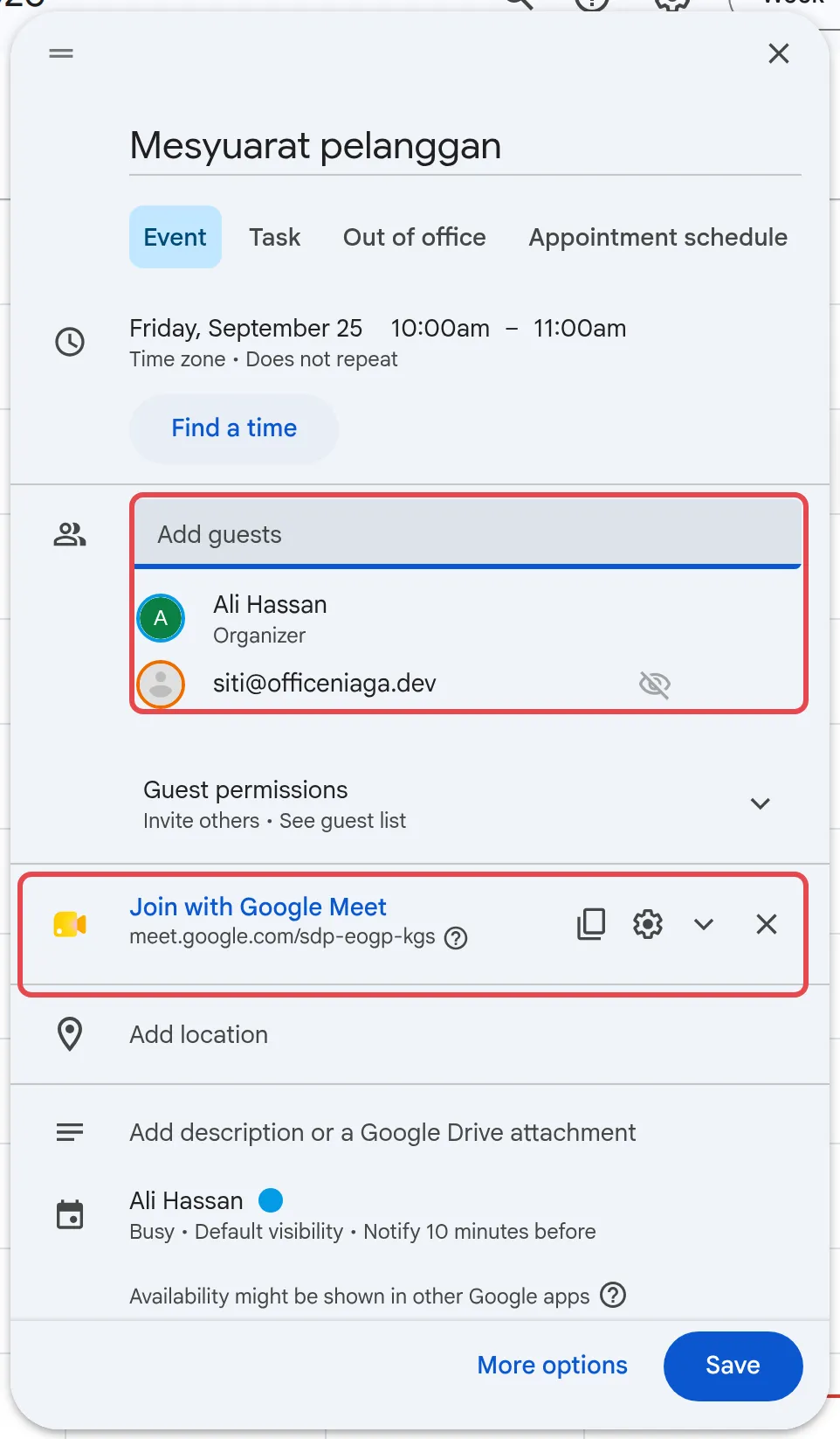 Quick event box with a guest added and a Google Meet link
