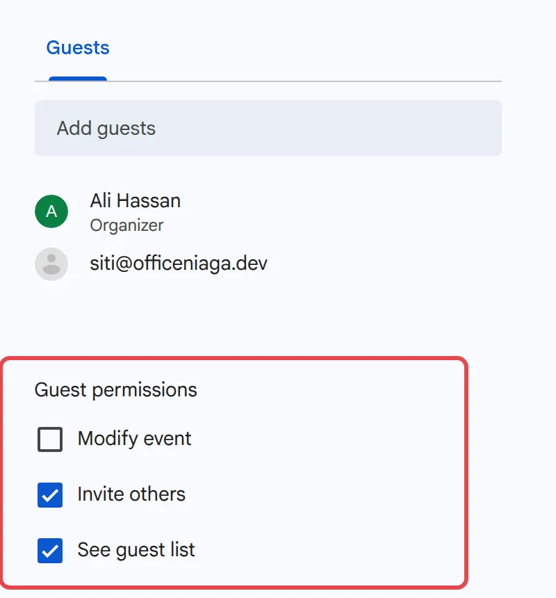 Guest permissions on the full event page: Modify event, Invite others, See guest list