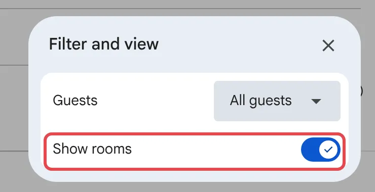 Filter and view窗口，Show rooms已开启