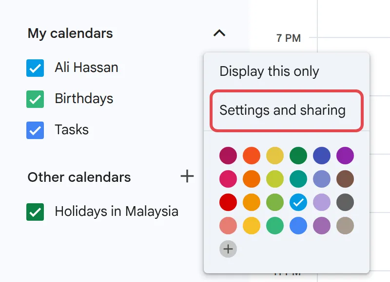 Calendar options menu with Settings and sharing highlighted