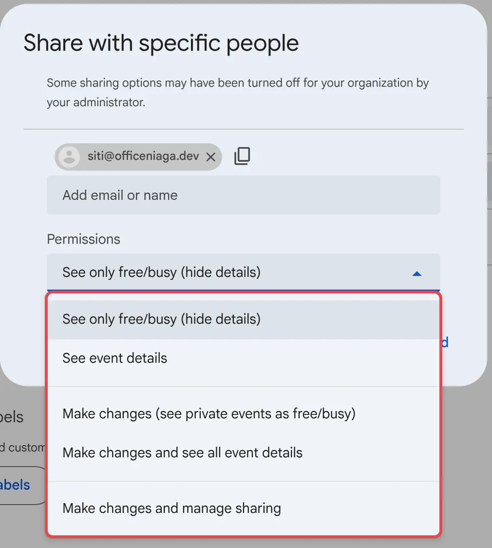 Share with specific people box with the Permissions list open
