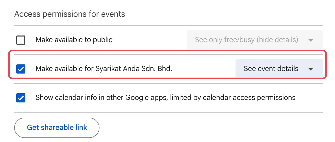 Access permissions for events with Make available for the company ticked