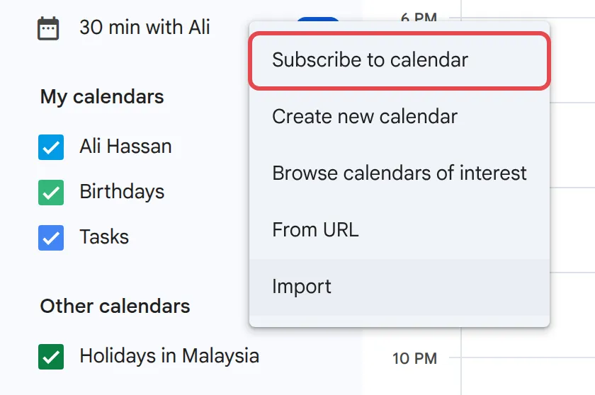 Add other calendars menu with Subscribe to calendar highlighted