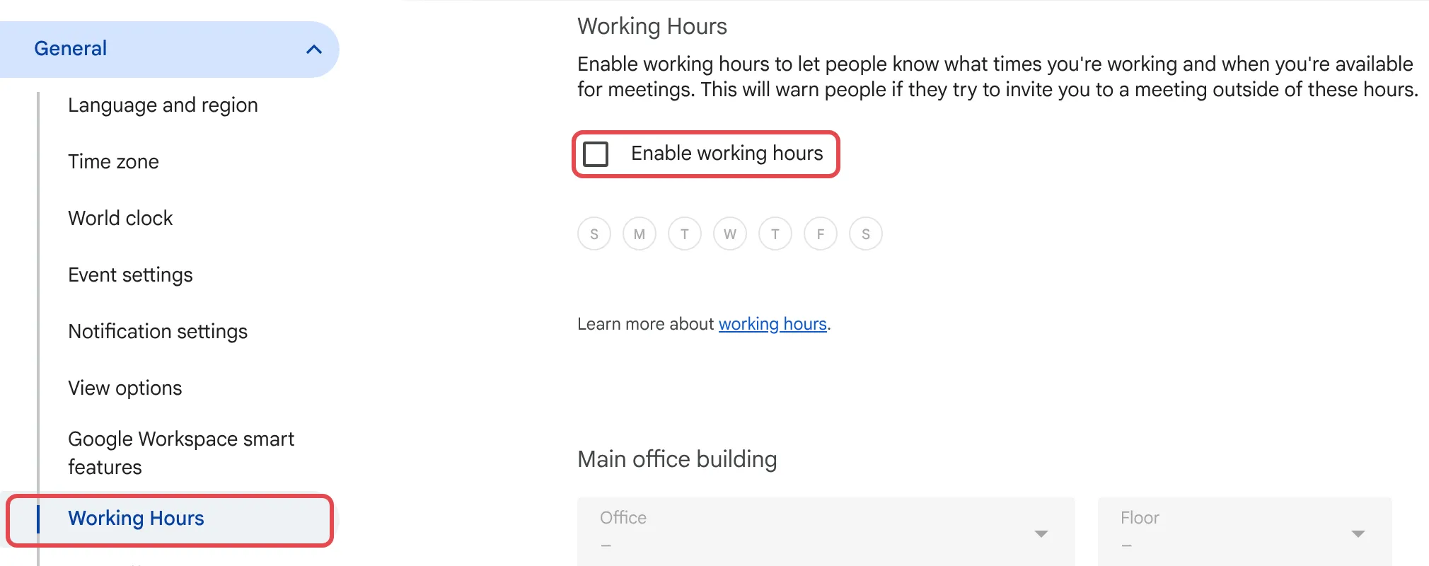 Calendar settings with Working Hours and Enable working hours highlighted