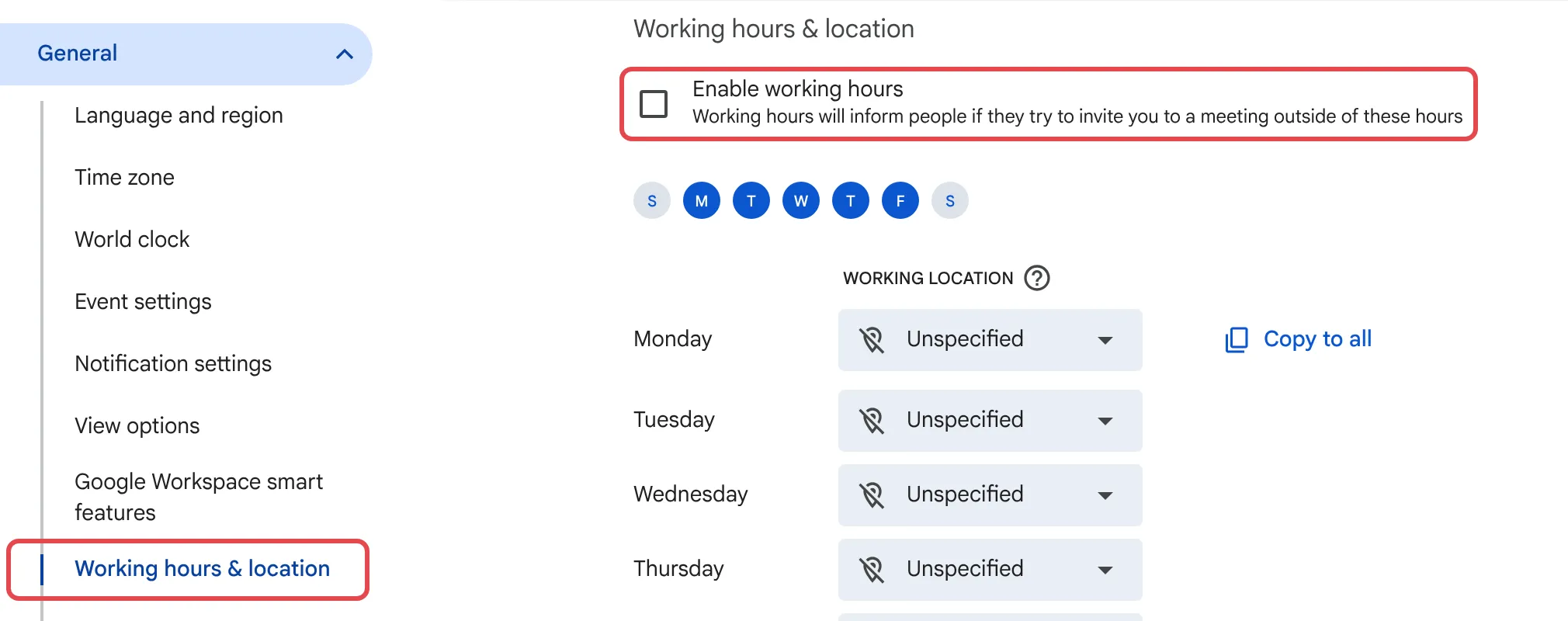 Calendar设置，Working hours & location和Enable working hours已标示