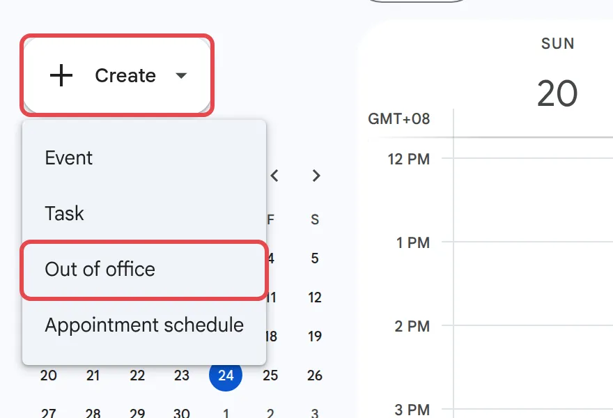 Create menu in Google Calendar with Out of office highlighted