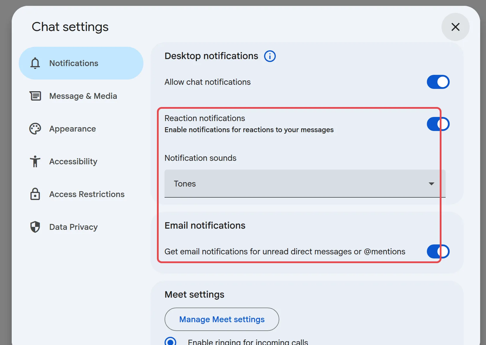 Reaction notifications开关、设为Tones的Notification sounds列表，以及Email notifications开关