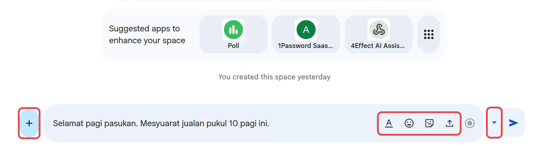 消息框旁边的图标：Google Workspace工具、格式、表情符号、GIF、上传和Schedule send