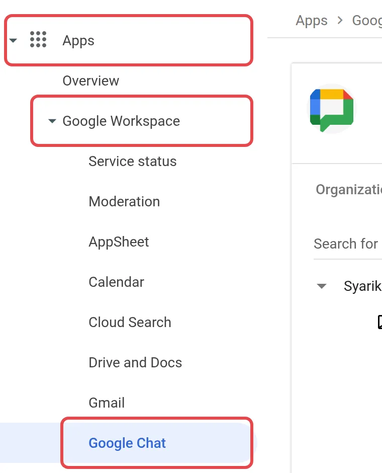 Admin console菜单，Apps → Google Workspace → Google Chat已标示