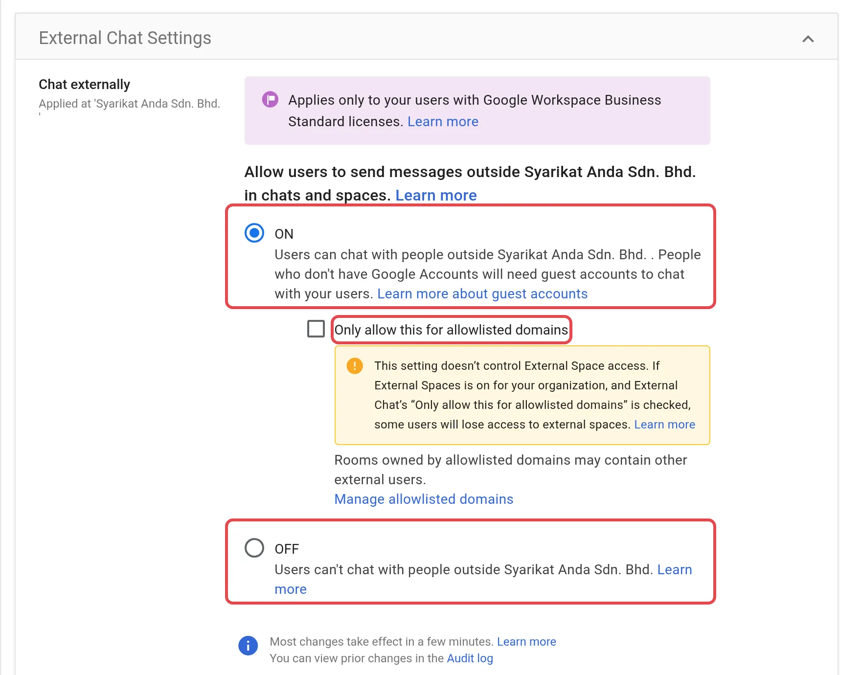 Chat externally，有ON、OFF和Only allow this for allowlisted domains