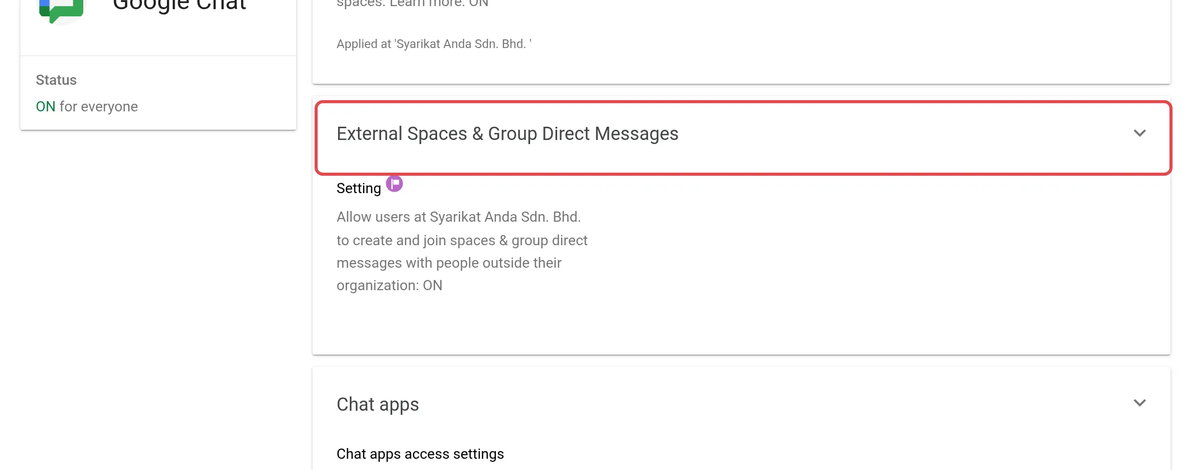 Google Chat设置页面上的External Spaces & Group Direct Messages