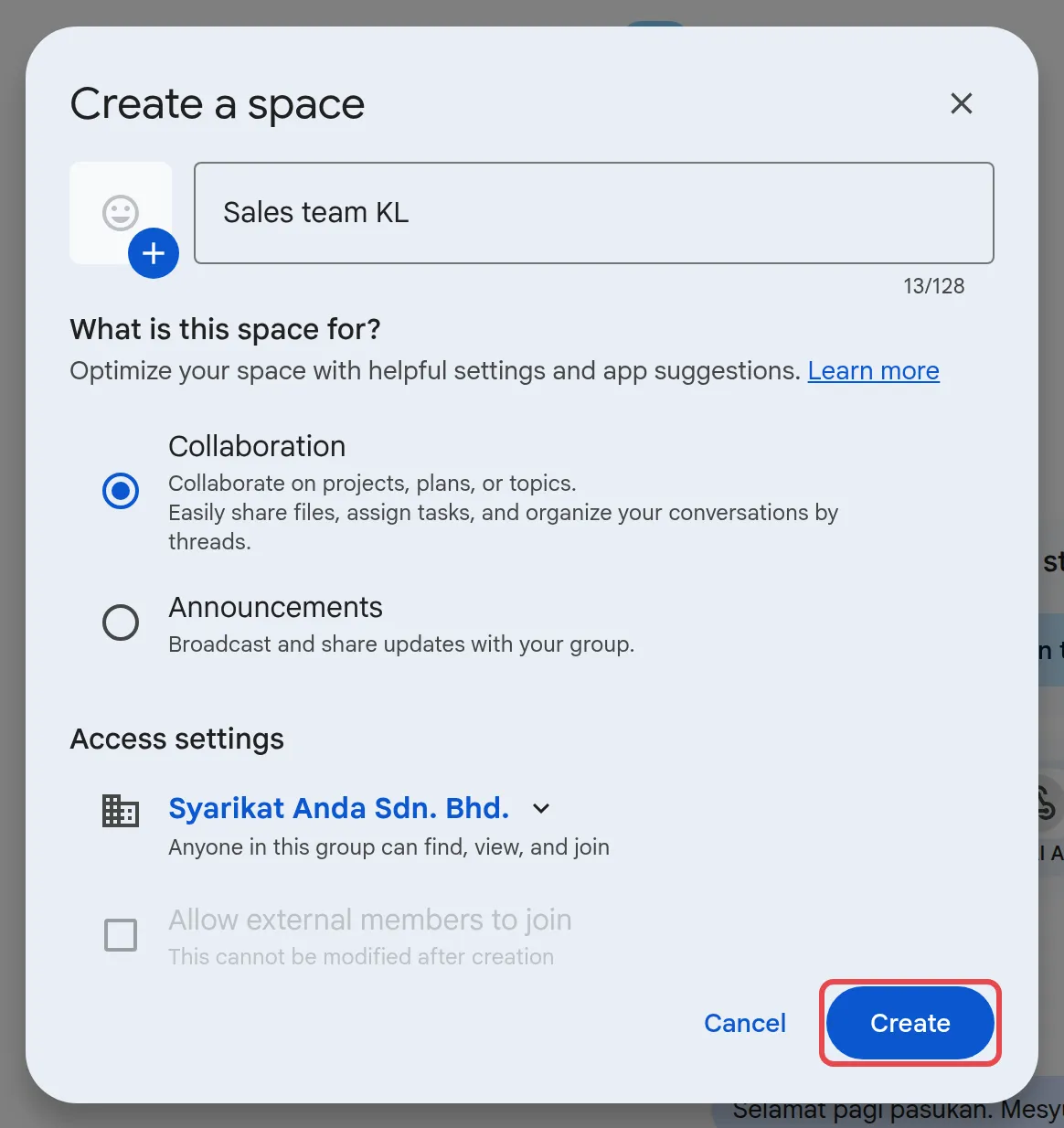 Create a space窗口和Create按钮