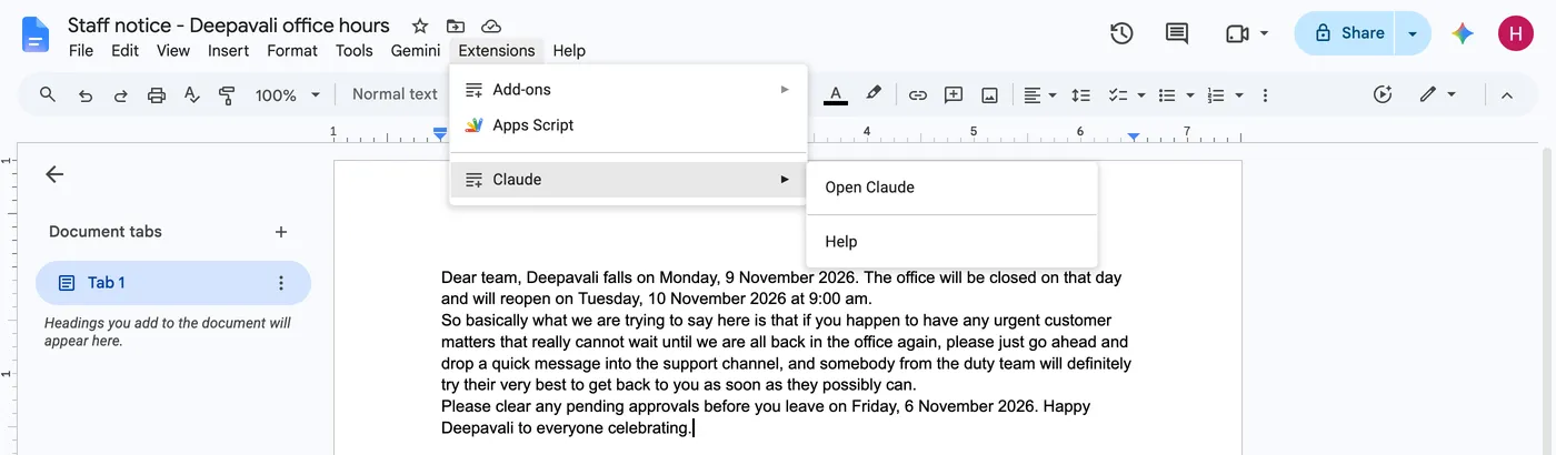 Extensions menu in a Google Doc, with Claude and the Open Claude and Help items