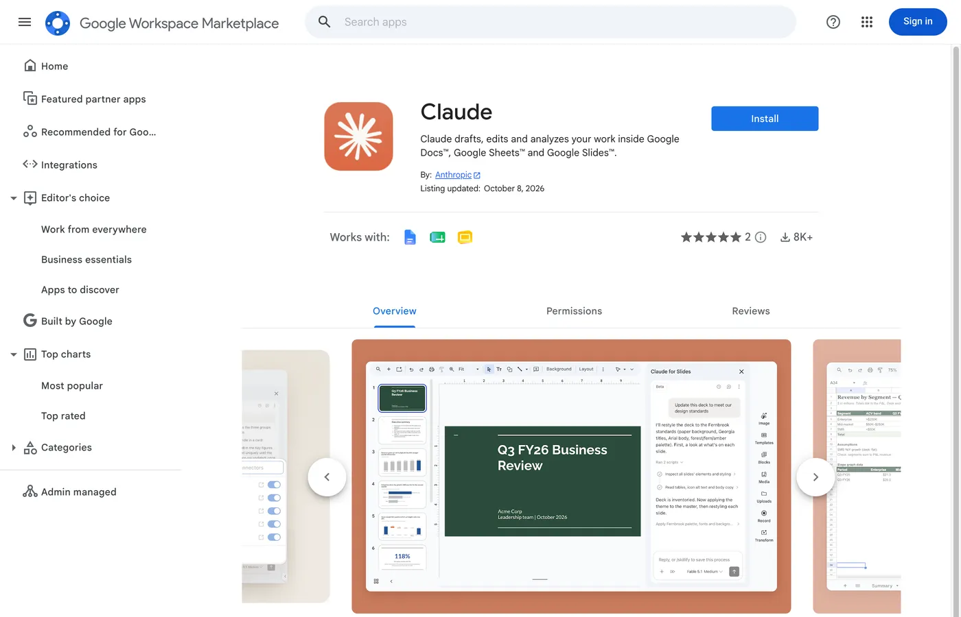 Claude listing in the Google Workspace Marketplace, with the Install button