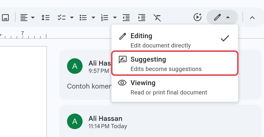 模式菜单，有Editing、Suggesting和Viewing，Suggesting已标示
