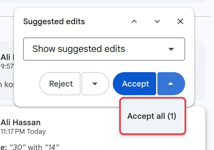 Suggested edits窗口里，Accept旁边箭头下的Accept all