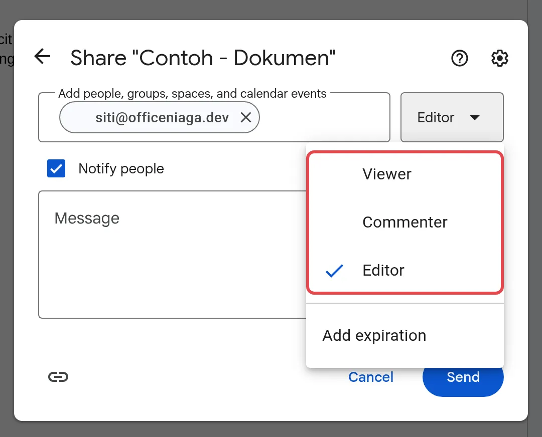 权限列表，有Viewer、Commenter和Editor