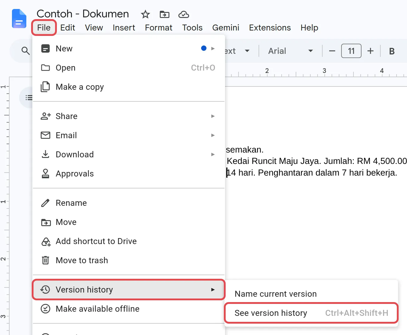 File菜单，Version history和See version history已标示
