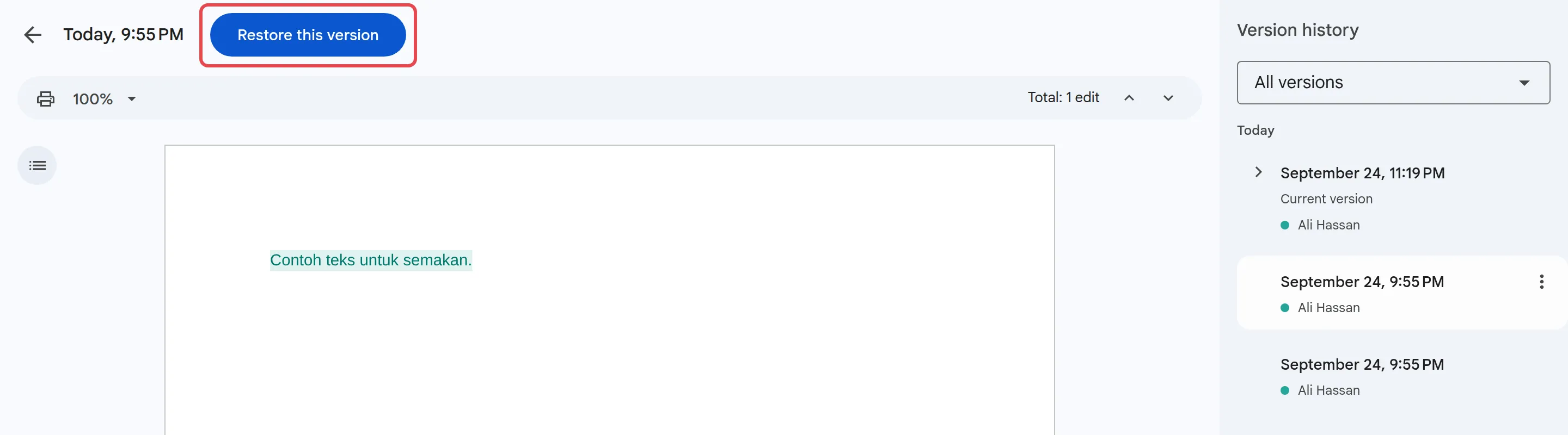 已打开的旧版本和Restore this version按钮