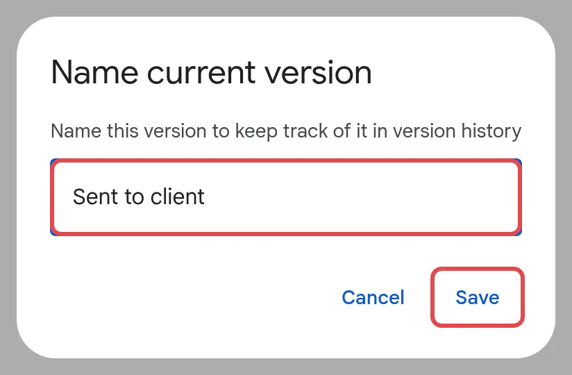 Name current version窗口，有示例名称和Save按钮