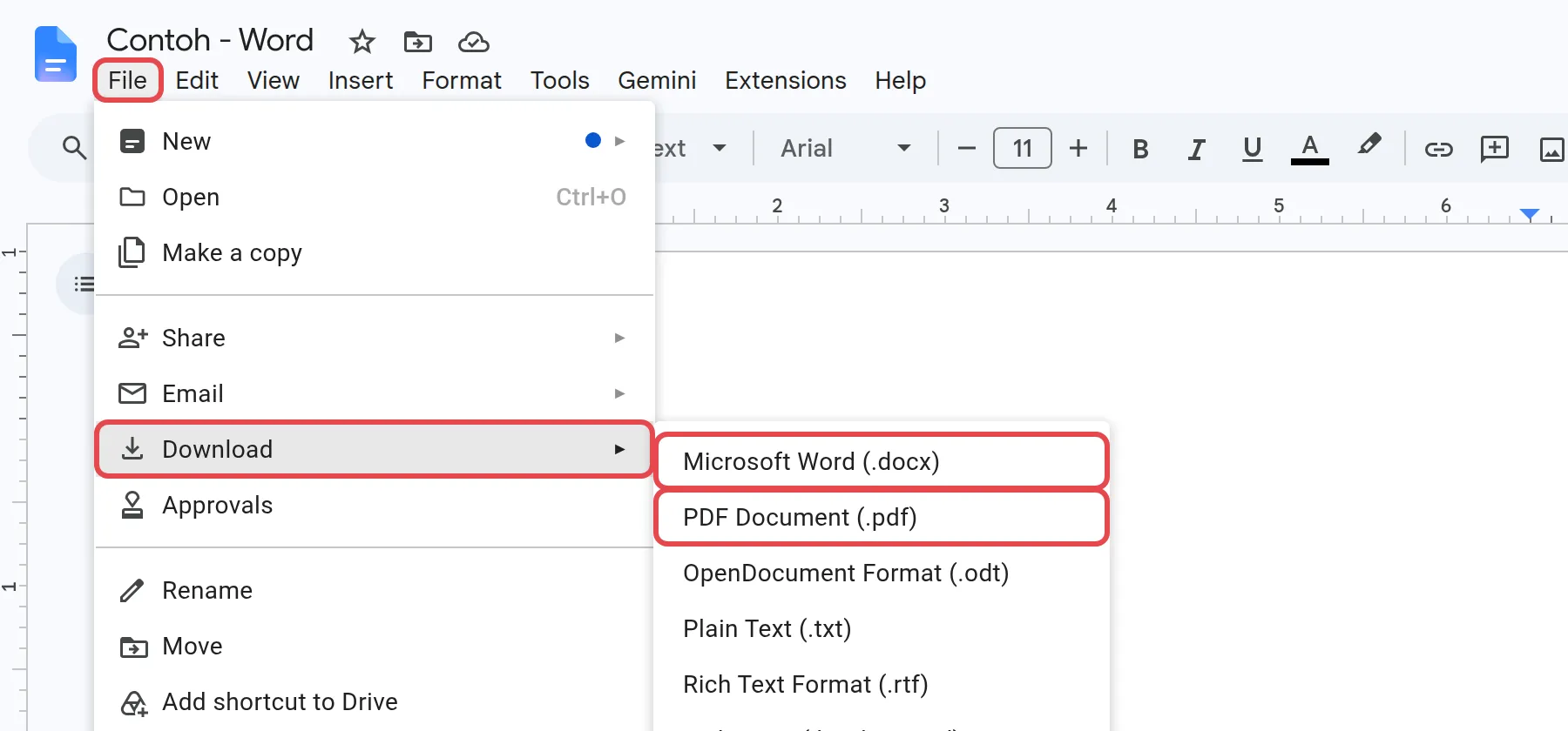 File → Download,Microsoft Word (.docx)和PDF Document (.pdf)已标示
