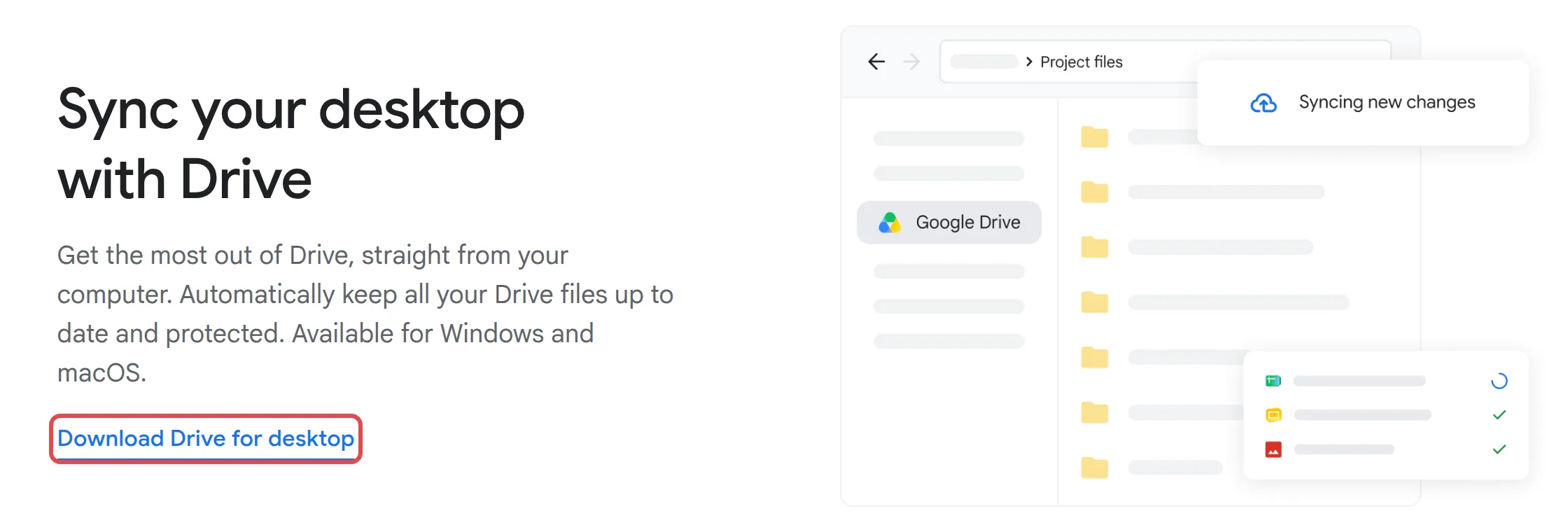 Google Drive page with the Download Drive for desktop link