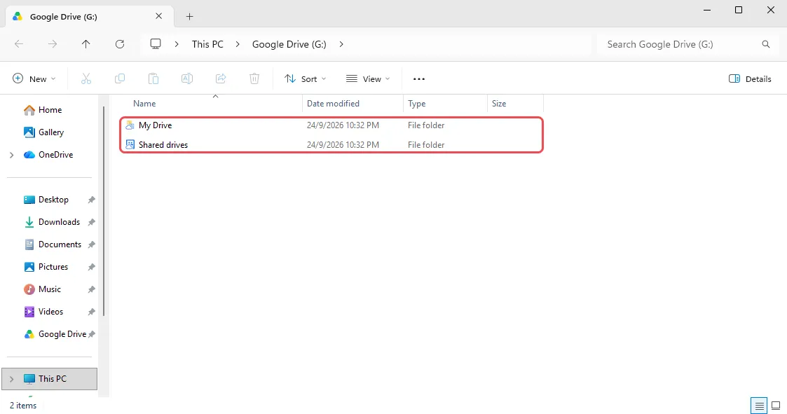 File Explorer显示Google Drive (G:),里面有My Drive和Shared drives