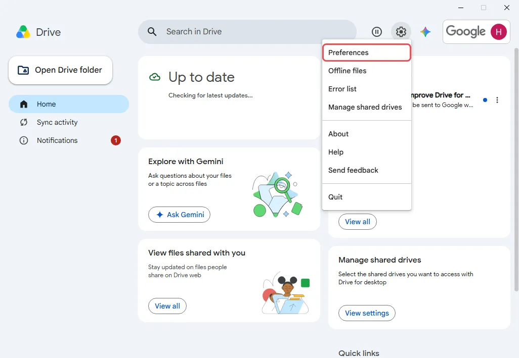 Drive for desktop齿轮菜单,已标示Preferences