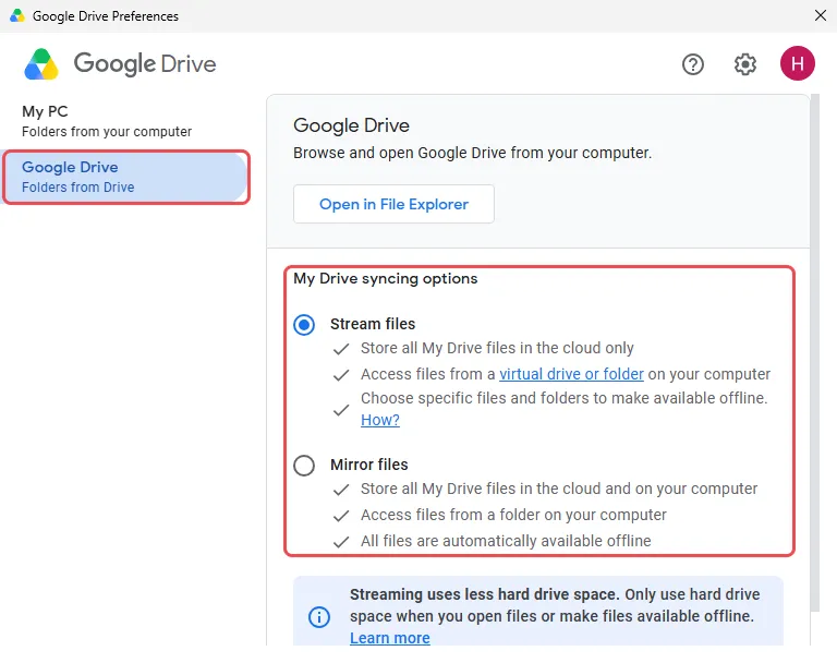 Preferences的Google Drive标签页,有Stream files和Mirror files