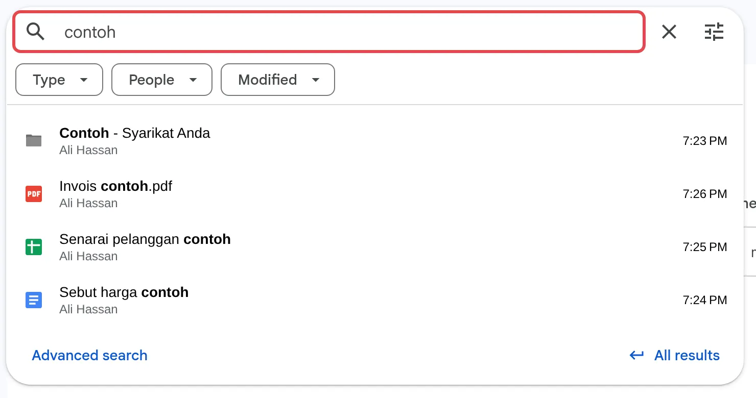 Drive search box with a sample word and matching files