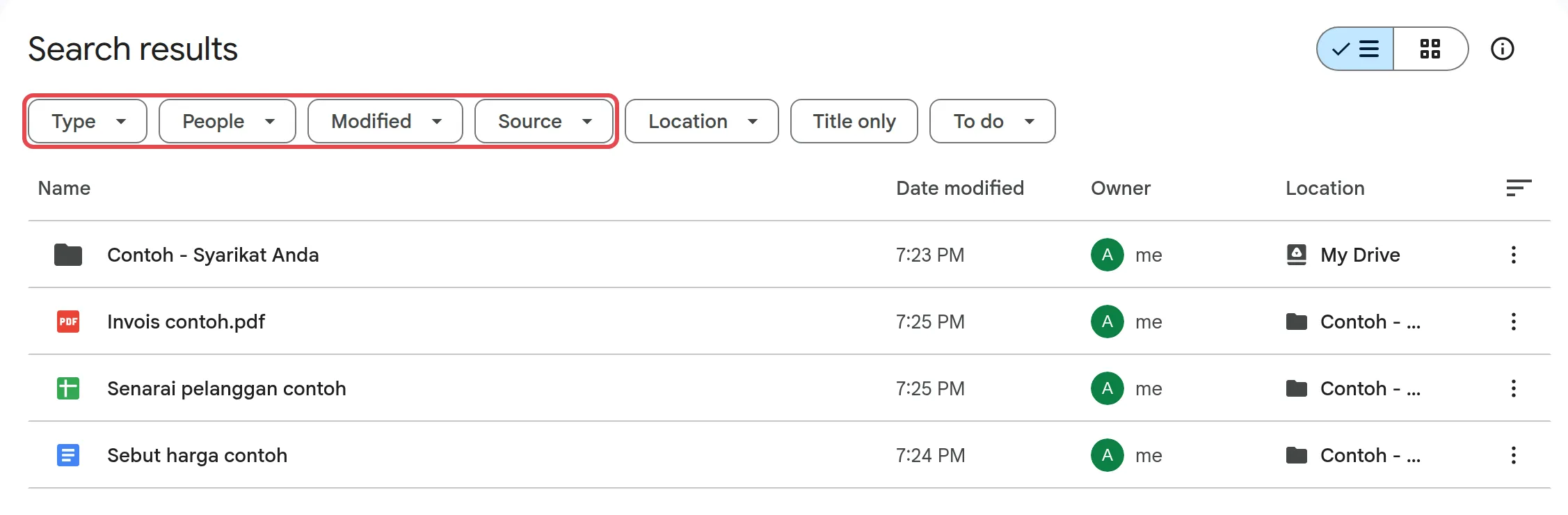 Search results with the Type, People, Modified and Source filter chips