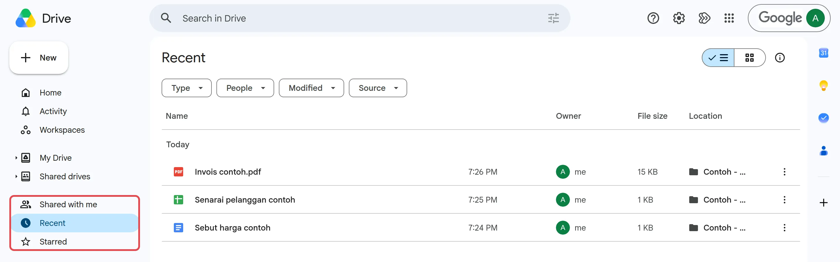 Left menu with Shared with me, Recent and Starred highlighted