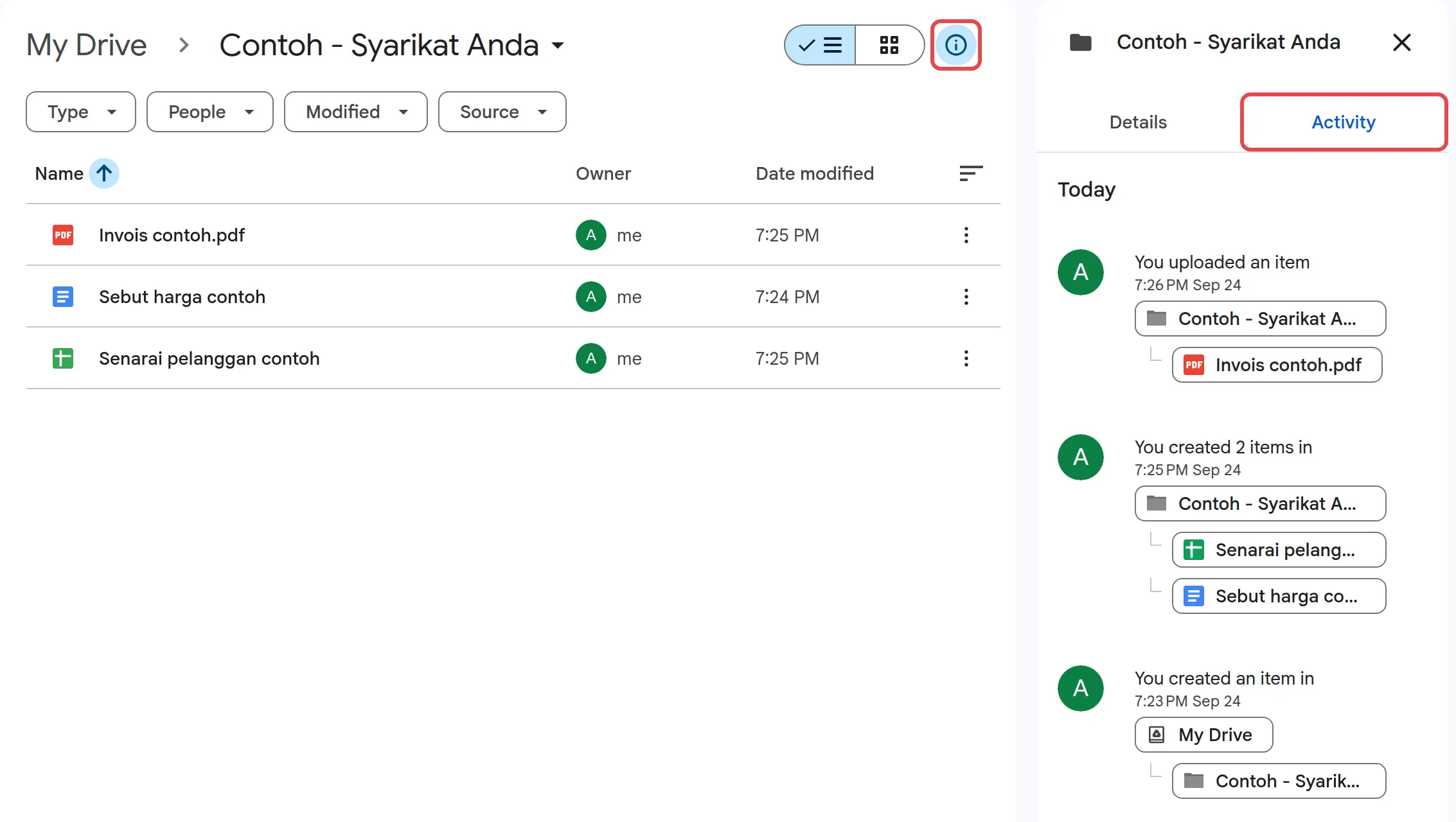 Folder view with the info icon and the Activity tab highlighted