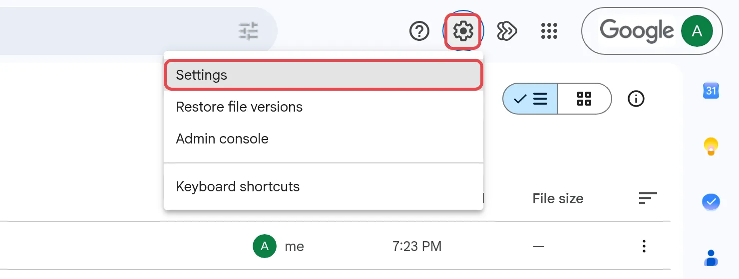 Drive gear icon with Settings highlighted
