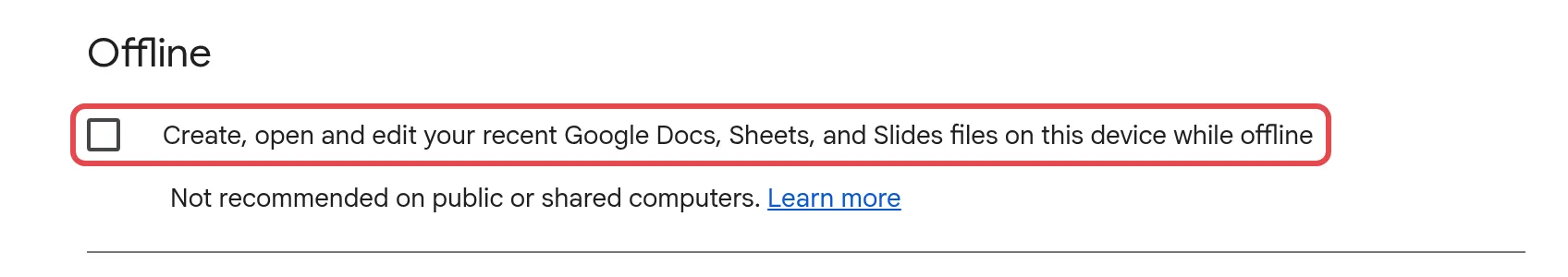 Offline setting in Drive settings