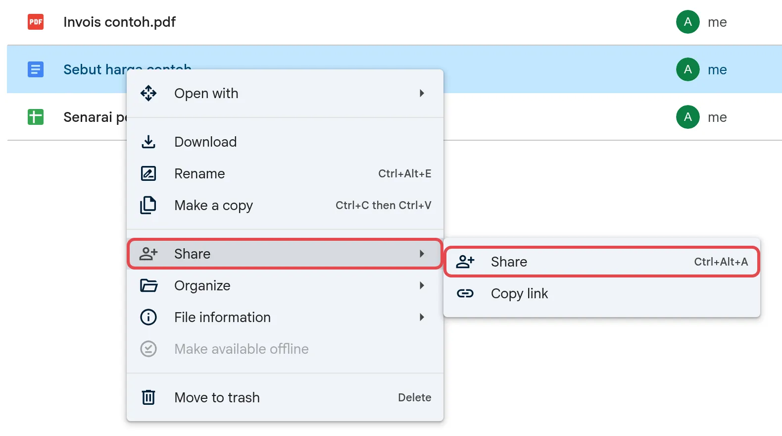 Right-click menu with Share > Share highlighted