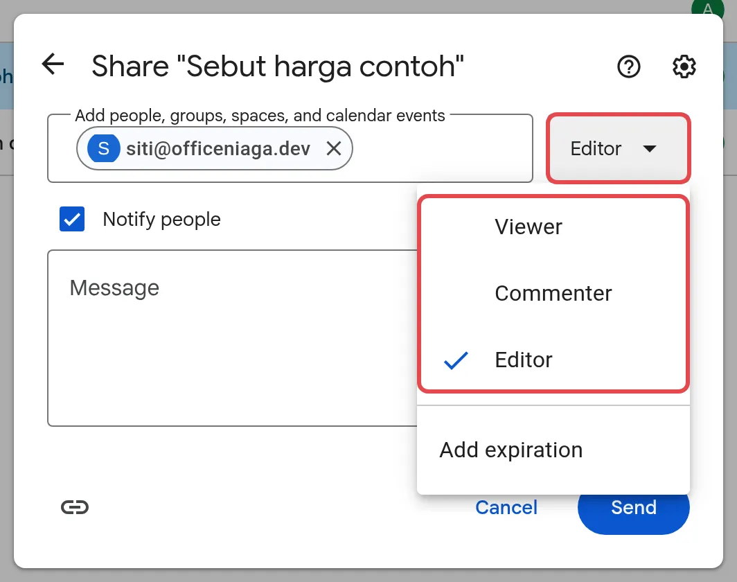 Share box with a sample email added and the Viewer, Commenter and Editor options